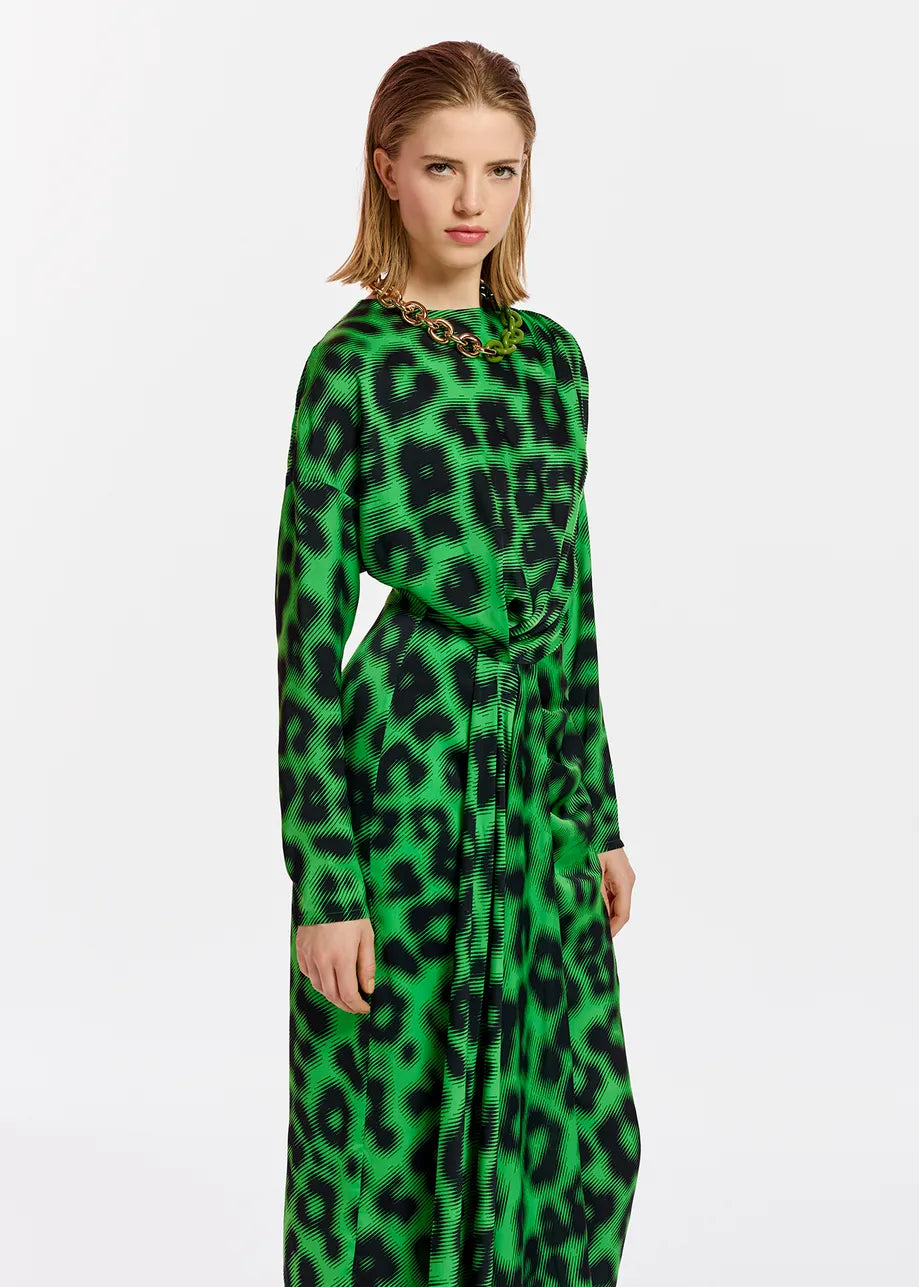 
                  
                    Elisha Green Draped Midi-length Dress in Leopard Print
                  
                