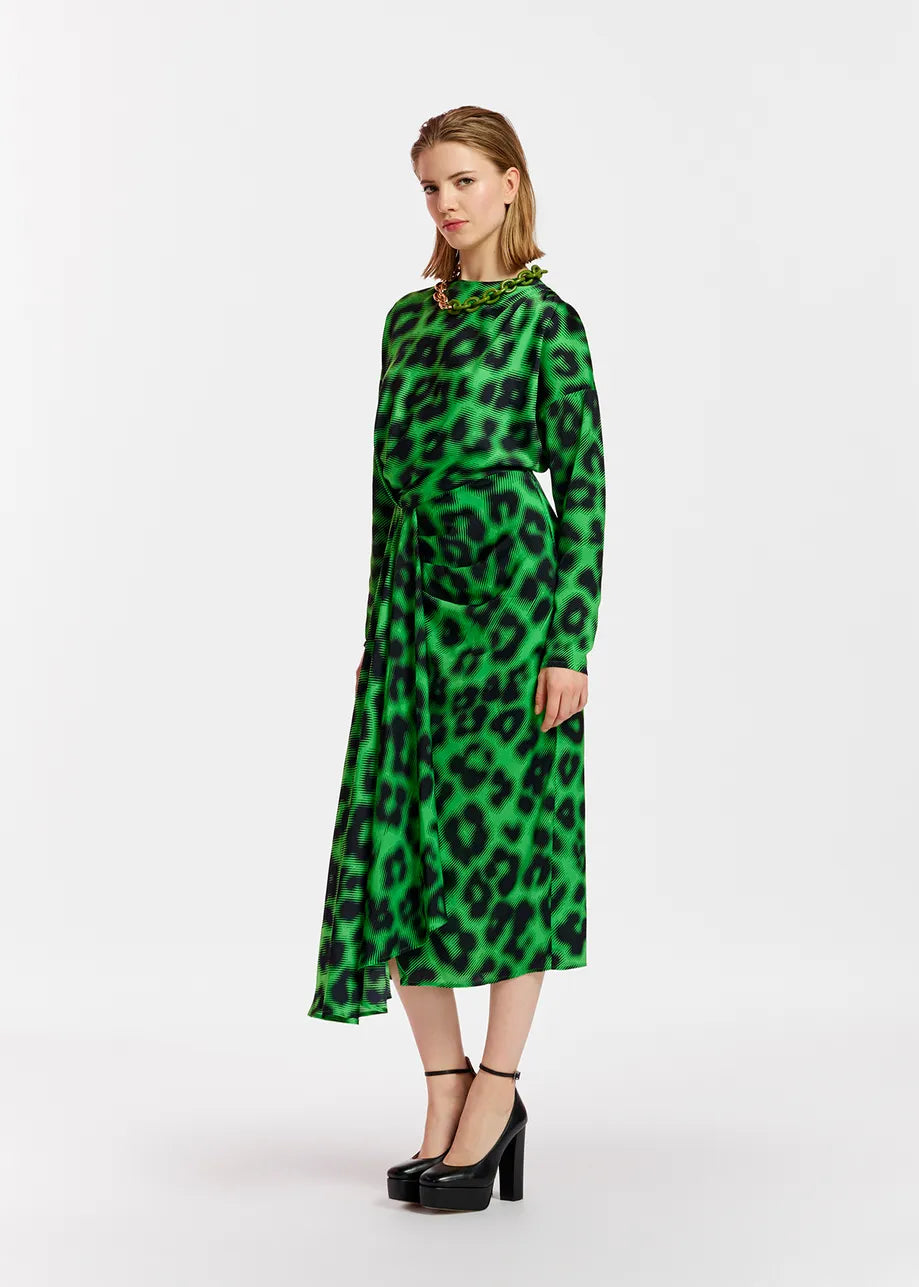 
                  
                    Elisha Green Draped Midi-length Dress in Leopard Print
                  
                