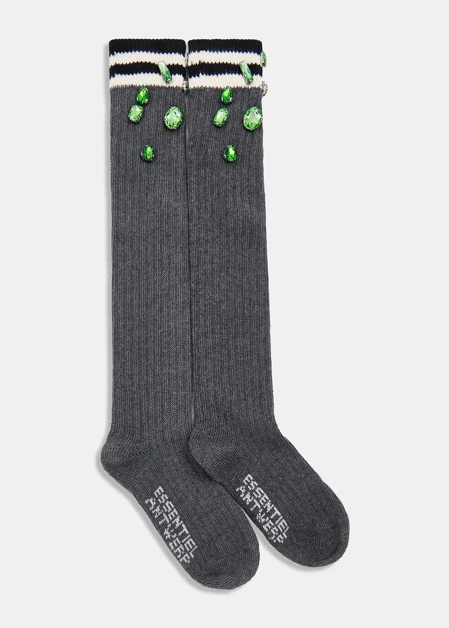 
                  
                    Gewarm Dark Grey Long Rib-Knitted Socks with Rhinestone Embellishments
                  
                