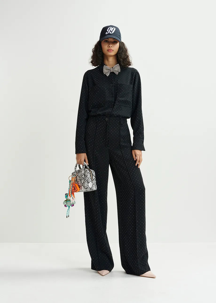 Healthy Black Rhinestone Wide Leg Pants