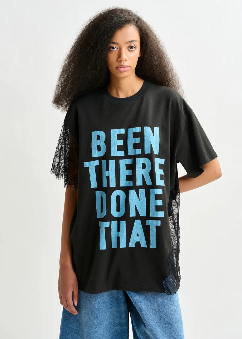 Ibaby Black and Blue Graphic Cotton T-Shirt with Lace Detail