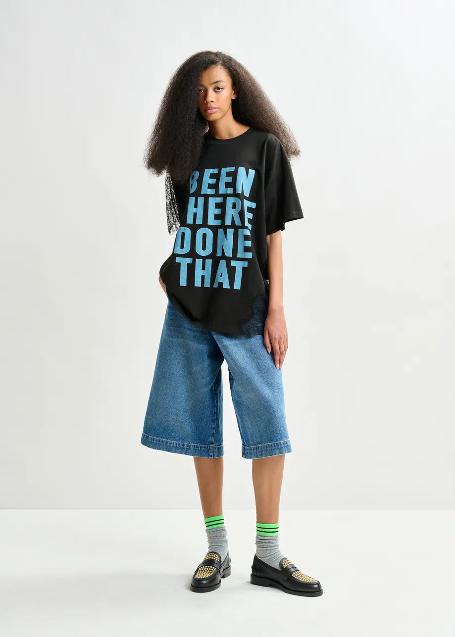 
                  
                    Ibaby Black and Blue Graphic Cotton T-Shirt with Lace Detail
                  
                