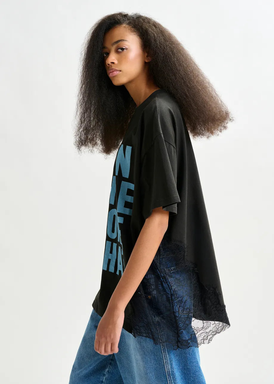 
                  
                    Ibaby Black and Blue Graphic Cotton T-Shirt with Lace Detail
                  
                