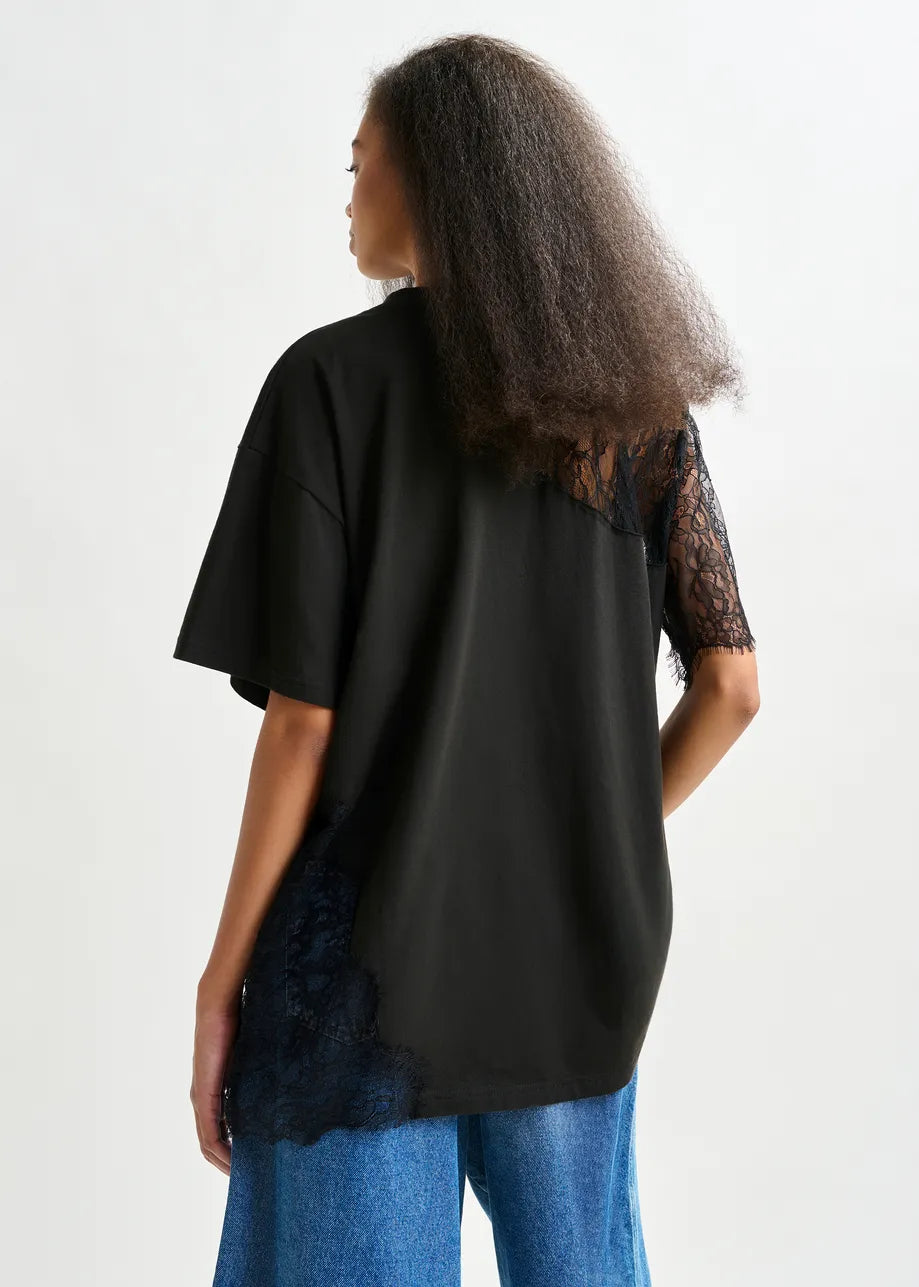 
                  
                    Ibaby Black and Blue Graphic Cotton T-Shirt with Lace Detail
                  
                