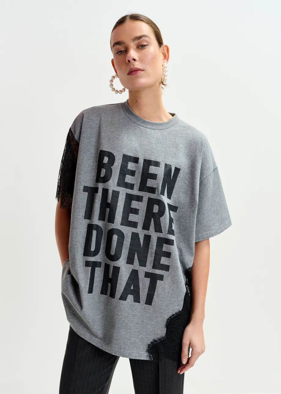 Ibaby Grey and Black Graphic Cotton T-Shirt with Lace Detail