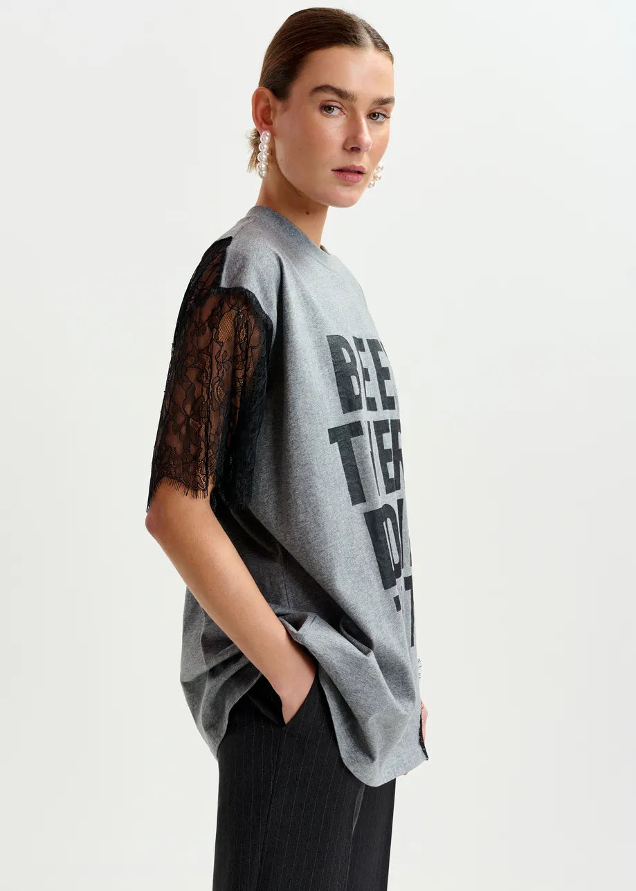 
                  
                    Ibaby Grey and Black Graphic Cotton T-Shirt with Lace Detail
                  
                