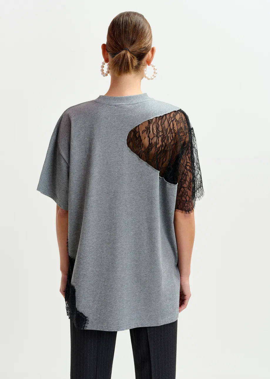 
                  
                    Ibaby Grey and Black Graphic Cotton T-Shirt with Lace Detail
                  
                