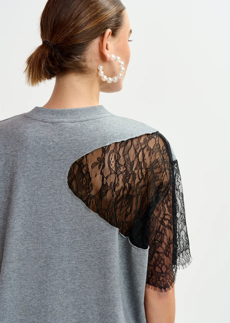 
                  
                    Ibaby Grey and Black Graphic Cotton T-Shirt with Lace Detail
                  
                