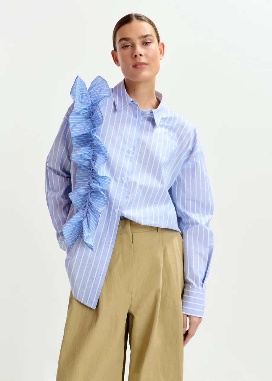 Ibody Blue and White Striped Shirt with Ruffle