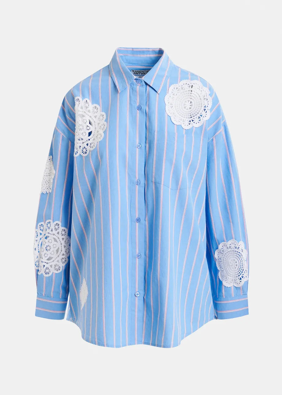 
                  
                    Identical Blue, Red and White Striped Shirt with Lace Patchwork
                  
                