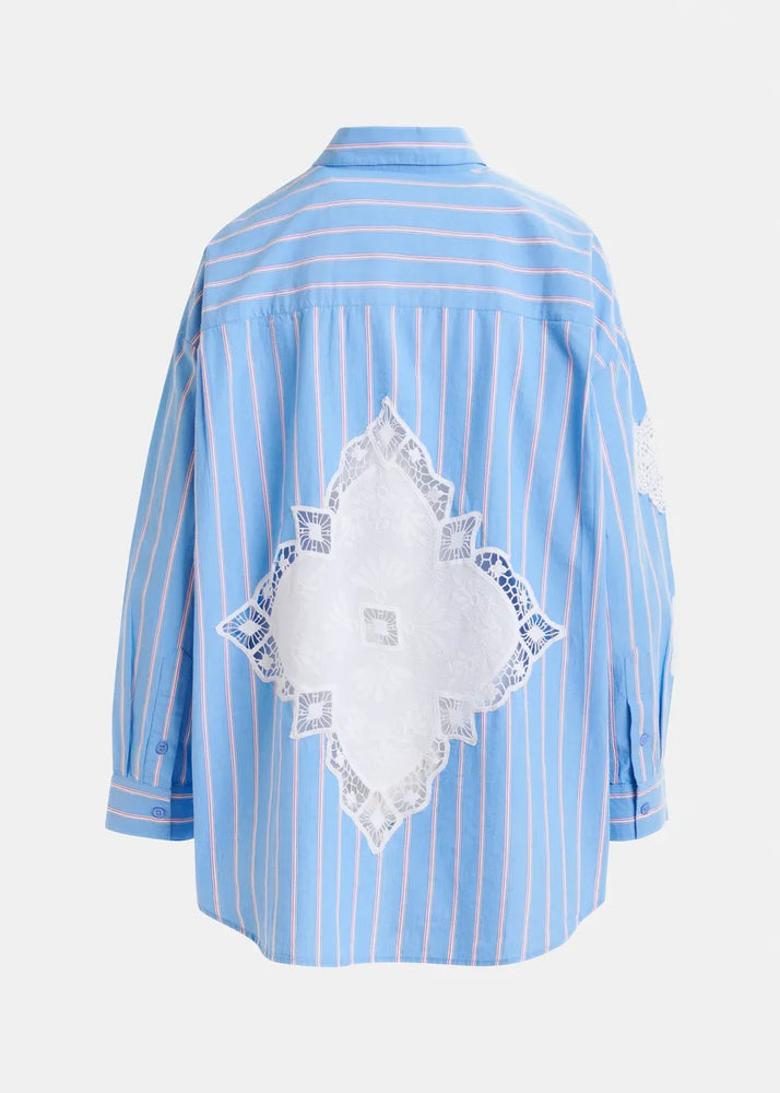 
                  
                    Identical Blue, Red and White Striped Shirt with Lace Patchwork
                  
                