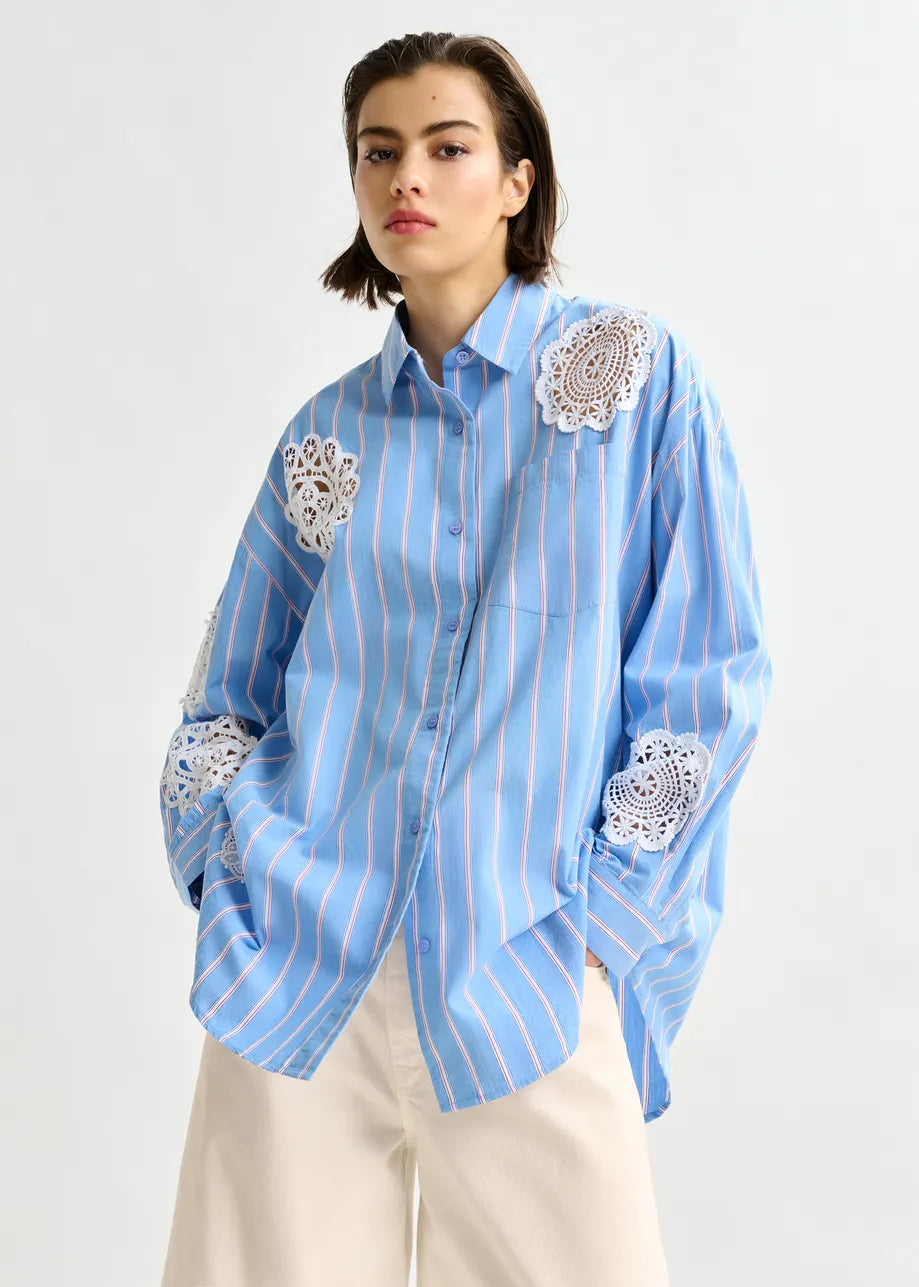 Identical Blue, Red and White Striped Shirt with Lace Patchwork