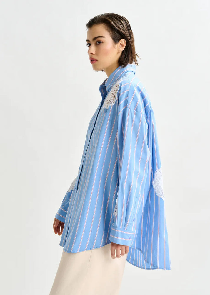 
                  
                    Identical Blue, Red and White Striped Shirt with Lace Patchwork
                  
                
