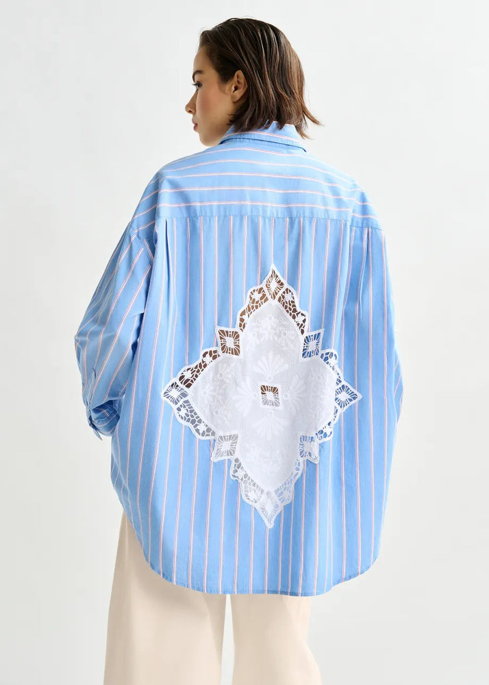 
                  
                    Identical Blue, Red and White Striped Shirt with Lace Patchwork
                  
                