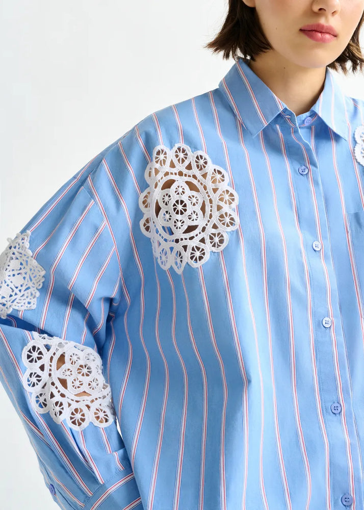 
                  
                    Identical Blue, Red and White Striped Shirt with Lace Patchwork
                  
                