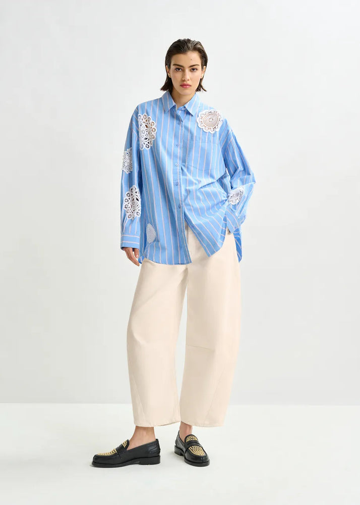 
                  
                    Identical Blue, Red and White Striped Shirt with Lace Patchwork
                  
                