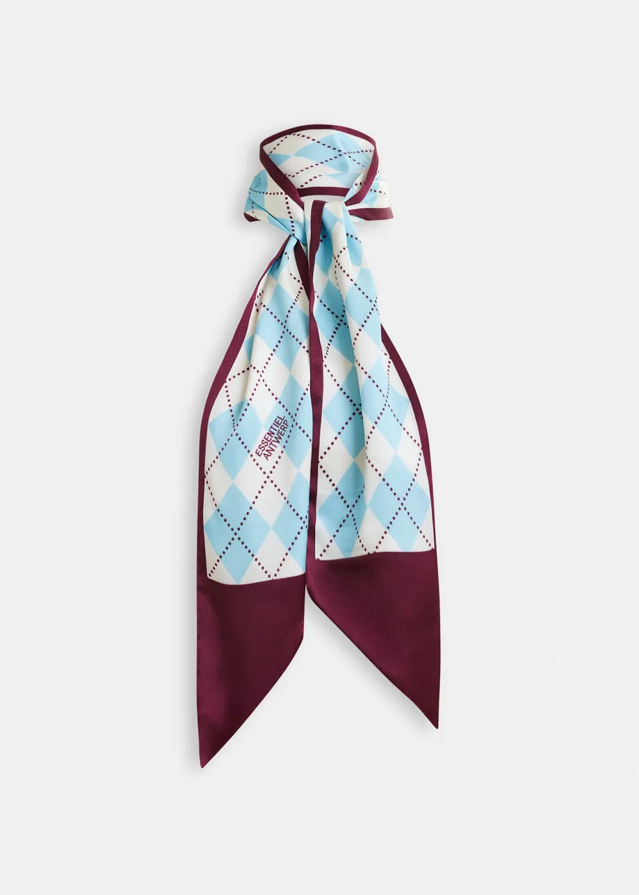 
                  
                    Idottie Light Blue, Off-White and Burgundy Argyle Print Satin Scarf
                  
                