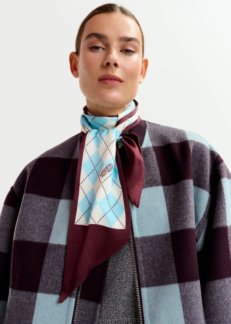 Idottie Light Blue, Off-White and Burgundy Argyle Print Satin Scarf