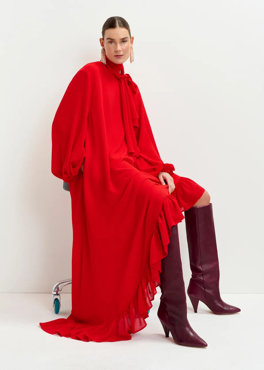 Iflower Red Asymmetrical Dress with Ruffle Hem