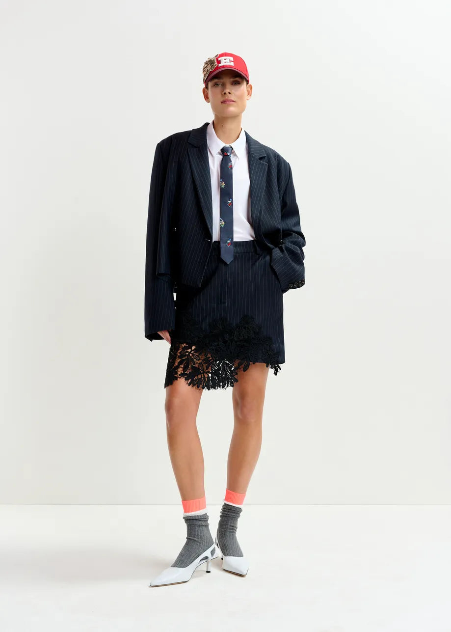 Interior Asymmetrical Navy Skirt with Lace