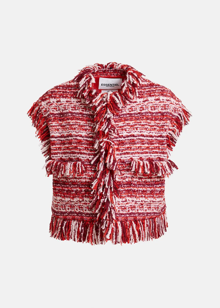 
                  
                    Burgundy, Red and White Sleeveless Fringed Jacket
                  
                