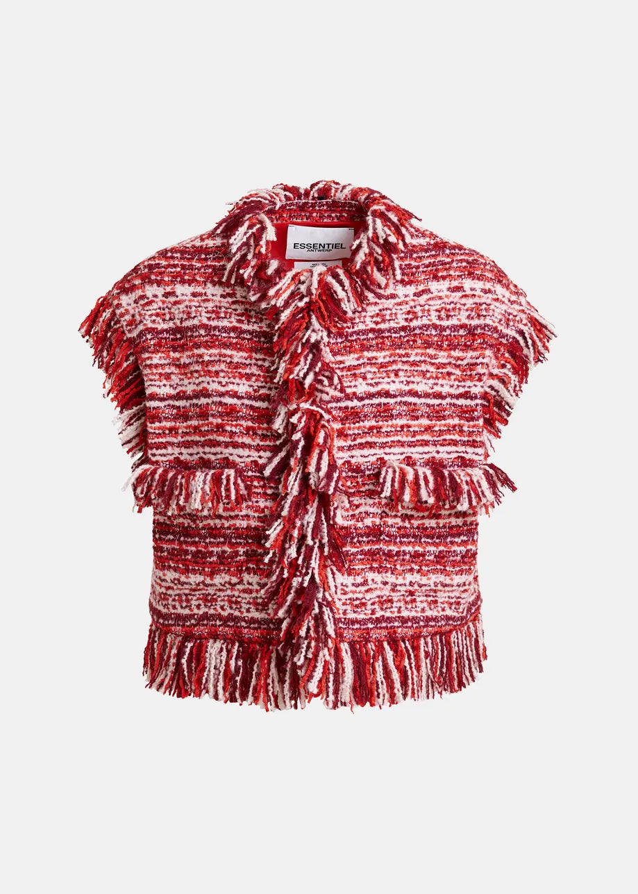 
                  
                    Burgundy, Red and White Sleeveless Fringed Jacket
                  
                