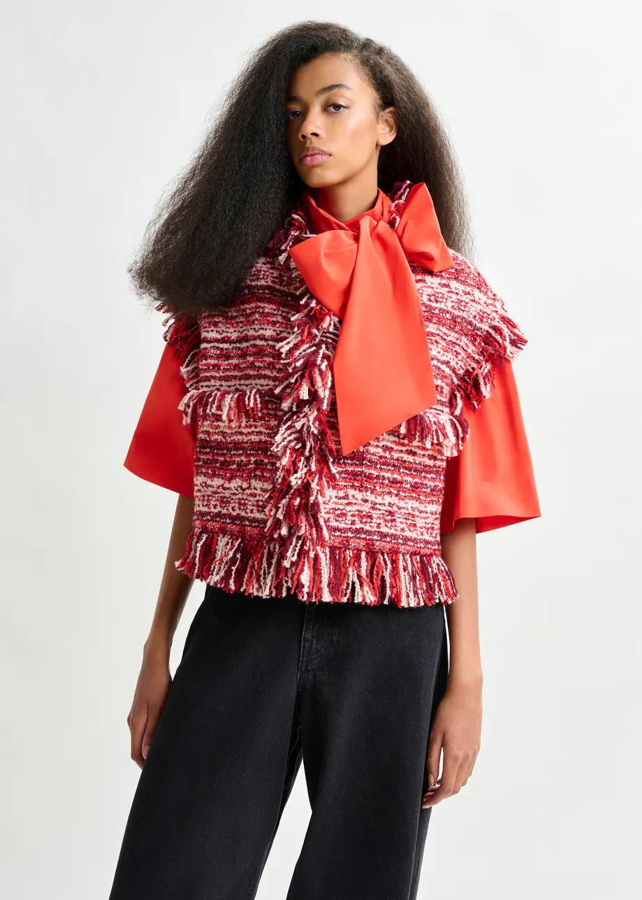 Burgundy, Red and White Sleeveless Fringed Jacket