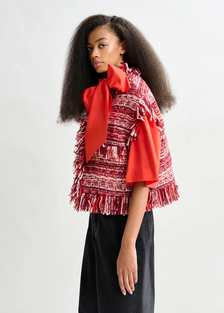 
                  
                    Burgundy, Red and White Sleeveless Fringed Jacket
                  
                