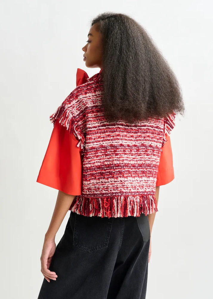 
                  
                    Burgundy, Red and White Sleeveless Fringed Jacket
                  
                