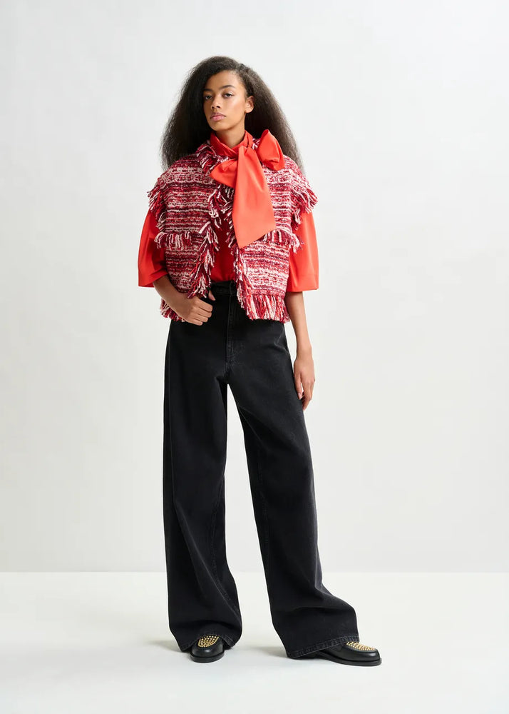 
                  
                    Burgundy, Red and White Sleeveless Fringed Jacket
                  
                