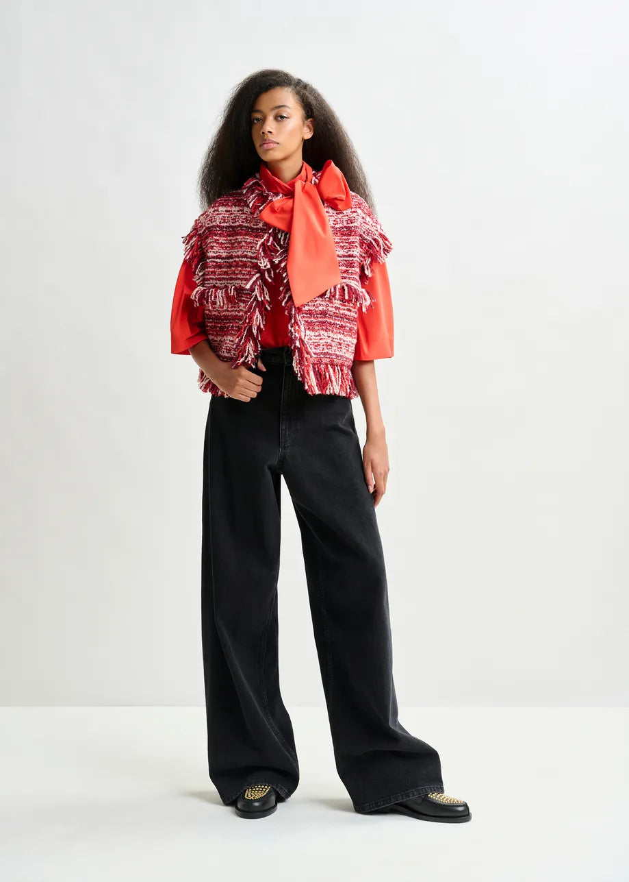 
                  
                    Burgundy, Red and White Sleeveless Fringed Jacket
                  
                