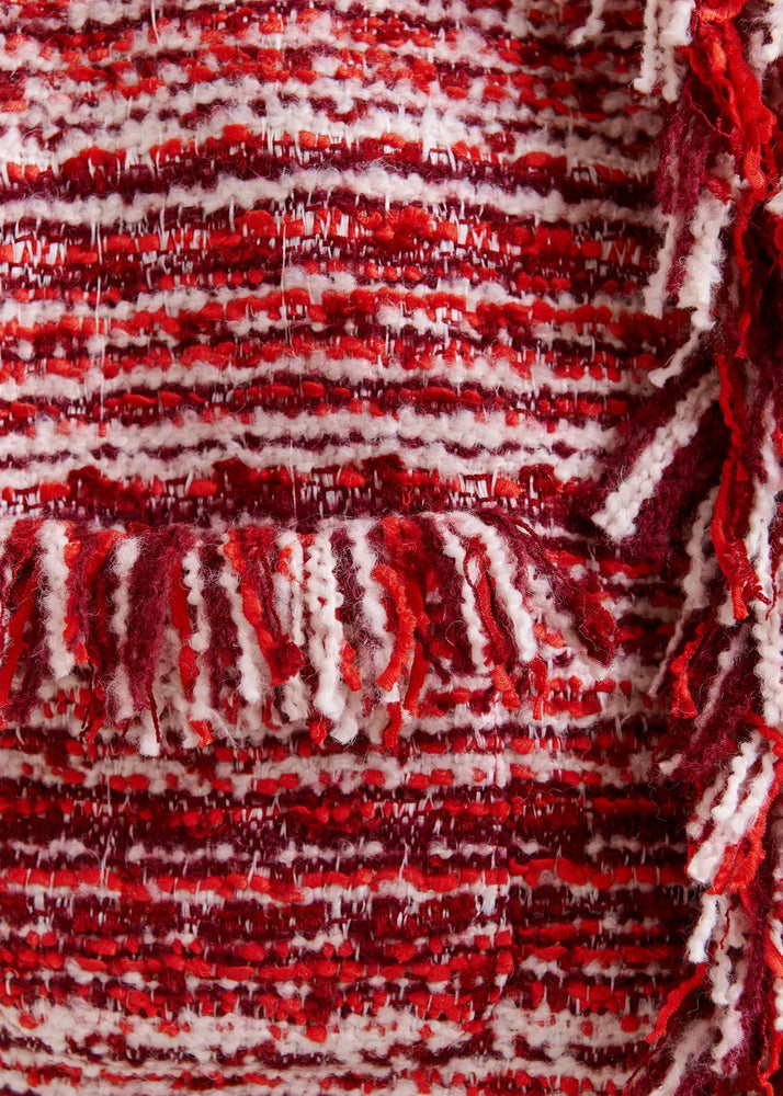 
                  
                    Burgundy, Red and White Sleeveless Fringed Jacket
                  
                