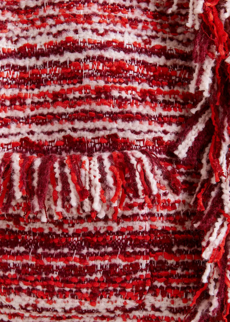
                  
                    Burgundy, Red and White Sleeveless Fringed Jacket
                  
                