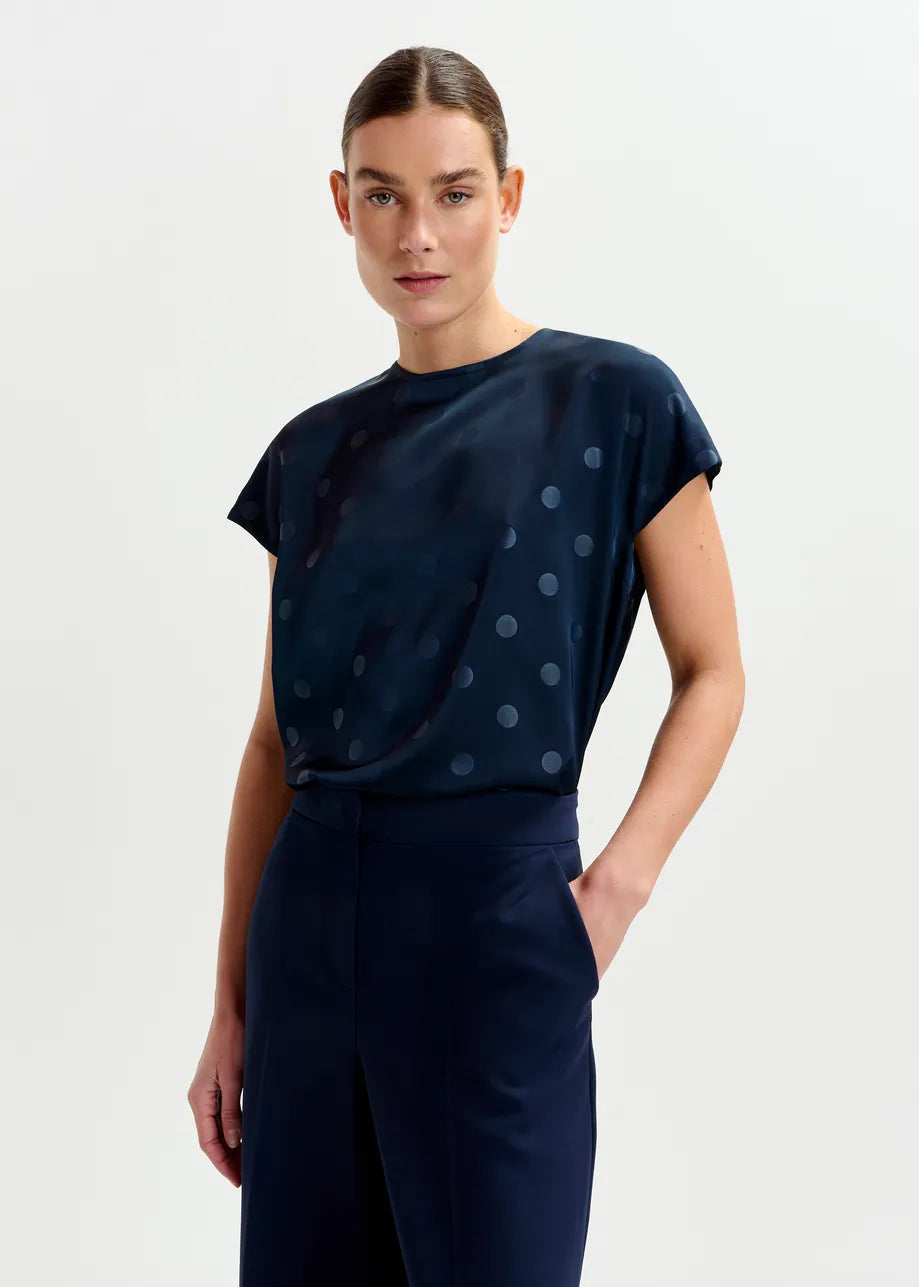 Ishirt Navy Polkadot Top with Cap Sleeves