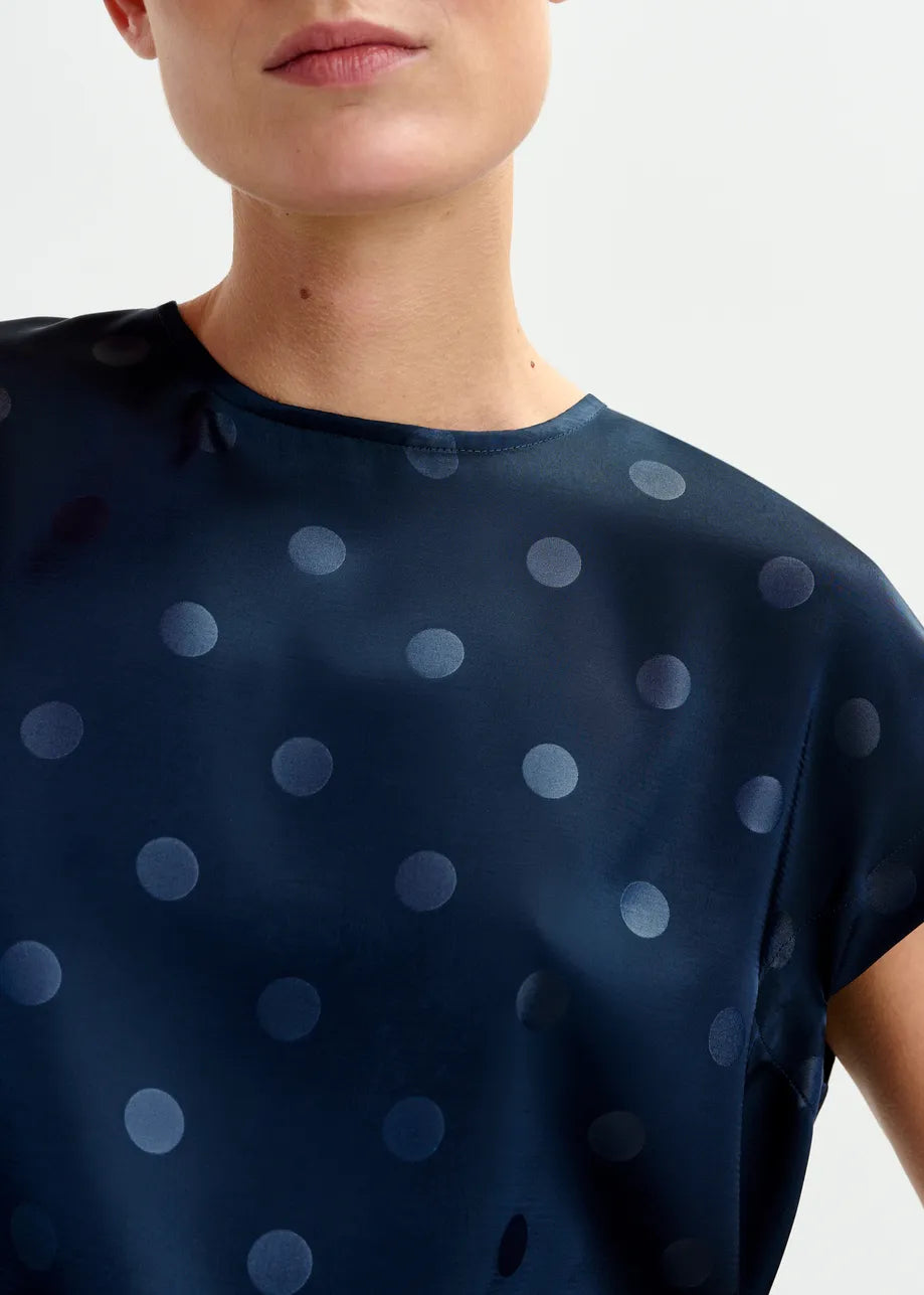 
                  
                    Ishirt Navy Polkadot Top with Cap Sleeves
                  
                