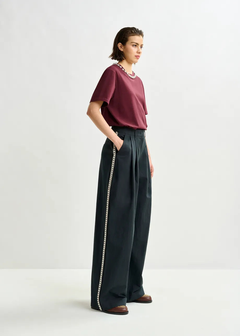 ISO Rhinestone Trimmed Wide Leg Pants