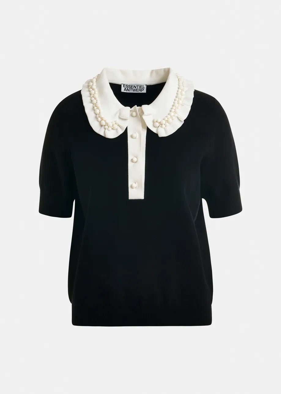 
                  
                    Jewelry Black And Off-White Ruffle Fine-Knit Polo Top
                  
                