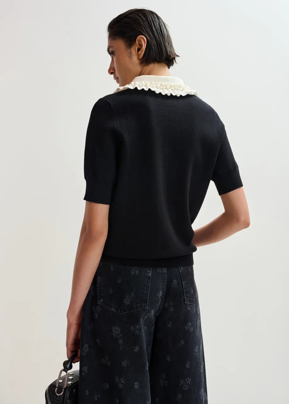 
                  
                    Jewelry Black And Off-White Ruffle Fine-Knit Polo Top
                  
                