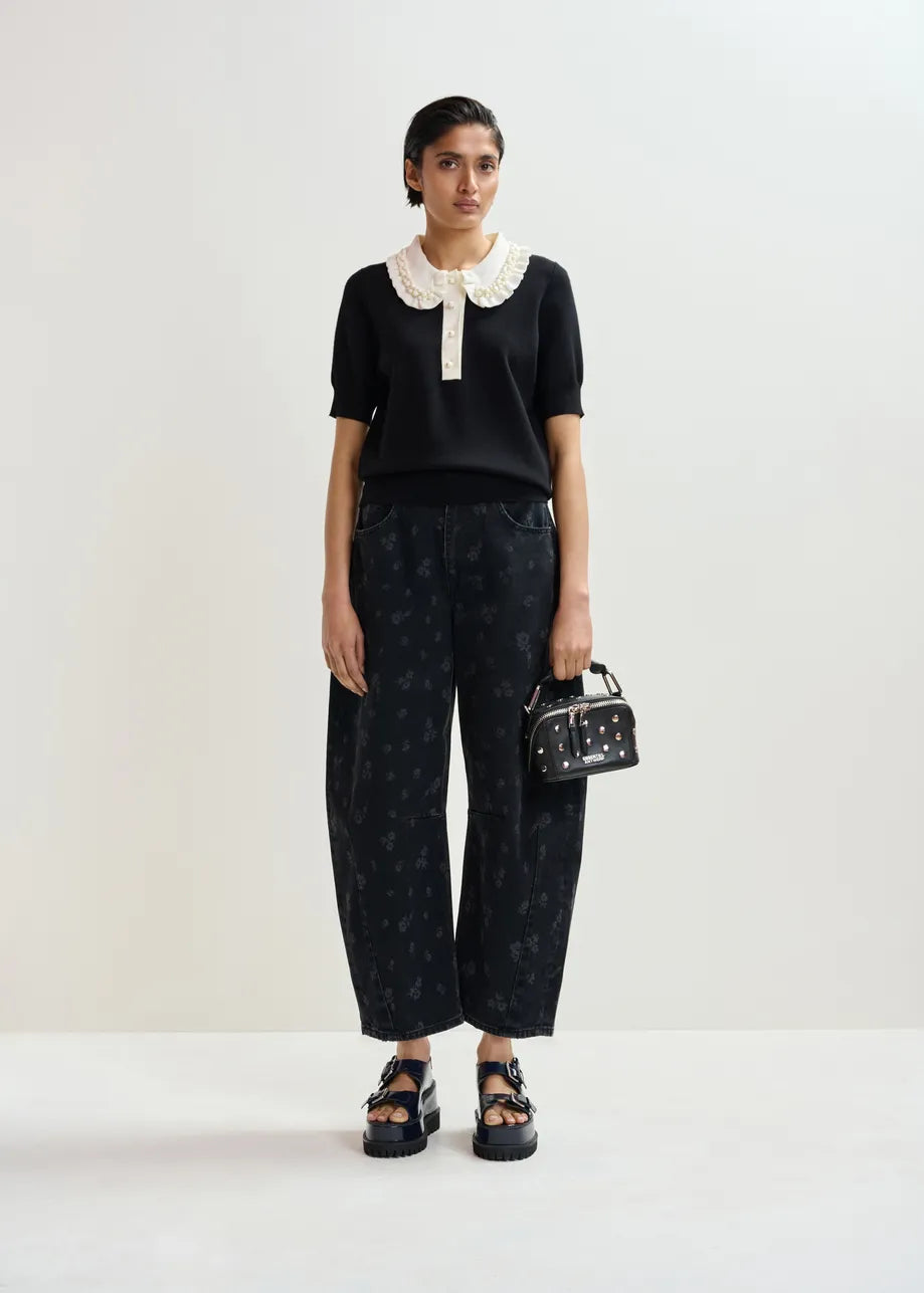 
                  
                    Jewelry Black And Off-White Ruffle Fine-Knit Polo Top
                  
                