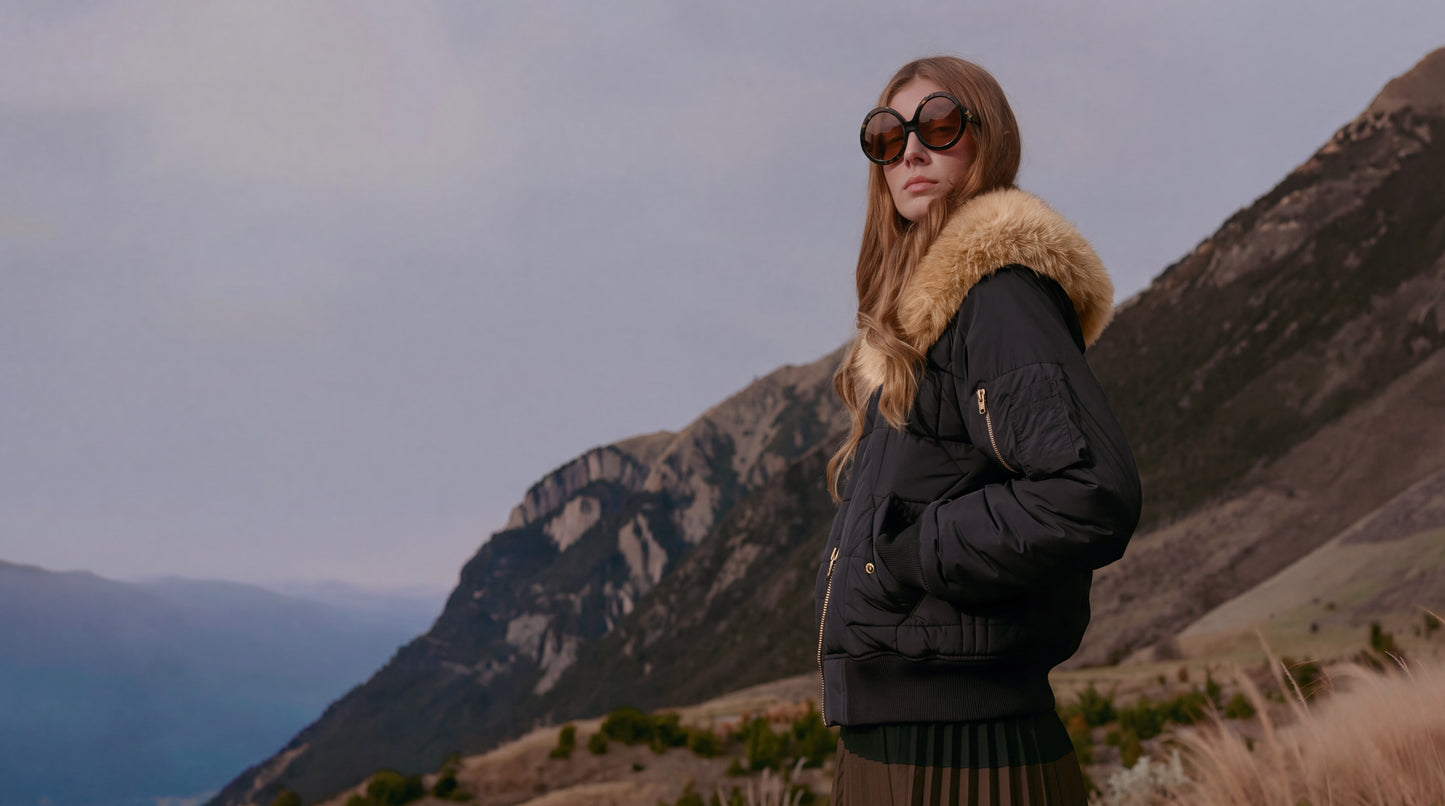 Karen Walker Wilder Bomber Jacket with Fur Collar standing outdoors against a mountainous landscape.
